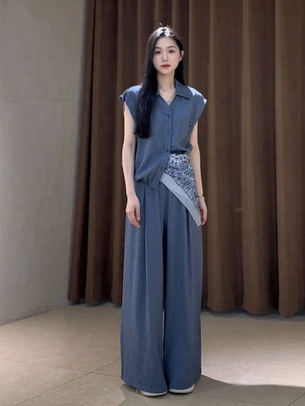 

Summer Fashion Shirt Women's Casual Drapey Wide Leg Pants Set Elegant And Stylish Ensemble Long Pants Buttoning Collar