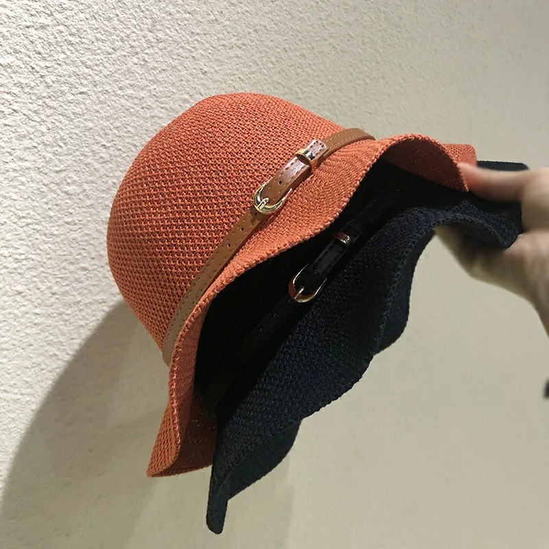 Korean version fashionable belt buckle dome flax fisherman hat female sunshade sunscreen wave eaves summer basin hat tide