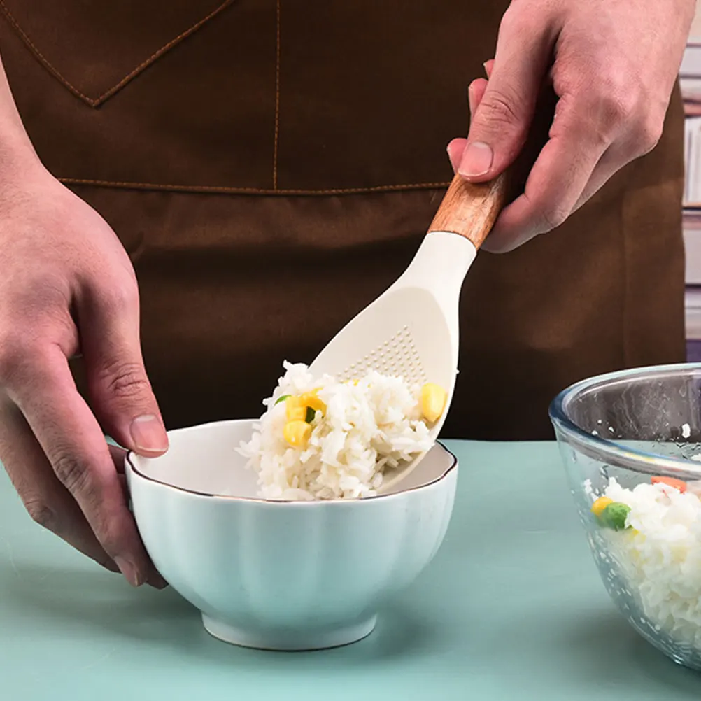 

Ergonomic Rice Spoon 1PC Silicone Non Stick Food Scoop Wooden Handle Stainless Steel Kitchen Utensil for Rice Cooker