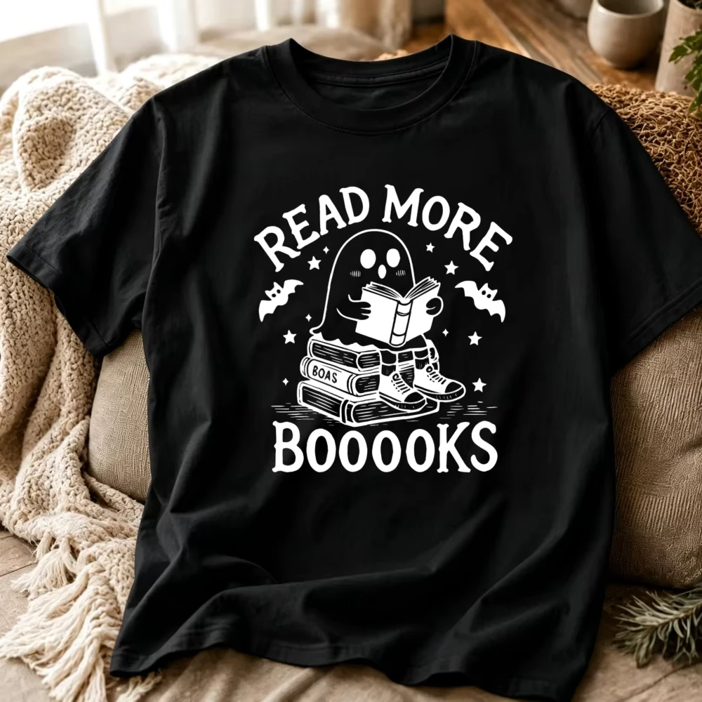 Read More Booooooks Ghost Book Lover T‑Shirt Cute Ghost Reading Book Stack Bat Star Spooky Halloween Bookworm Pun Quote Tops Tee