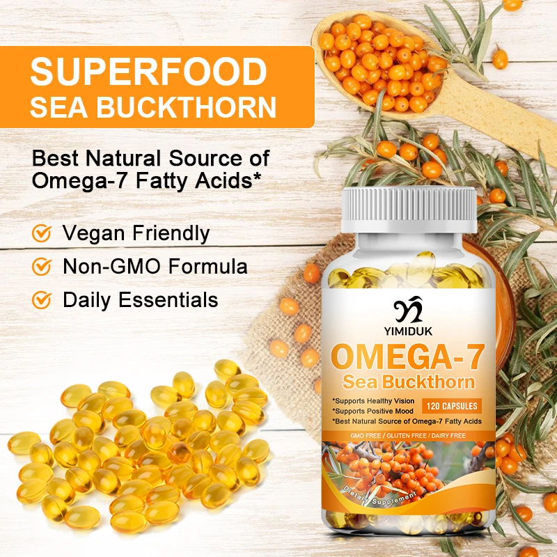 Omega 7 Sea Buckthorn Capsules for Hair, Skin, Nails, Heart Health Support - Natural Omega 3 6 9 Fatty Acids Supplement