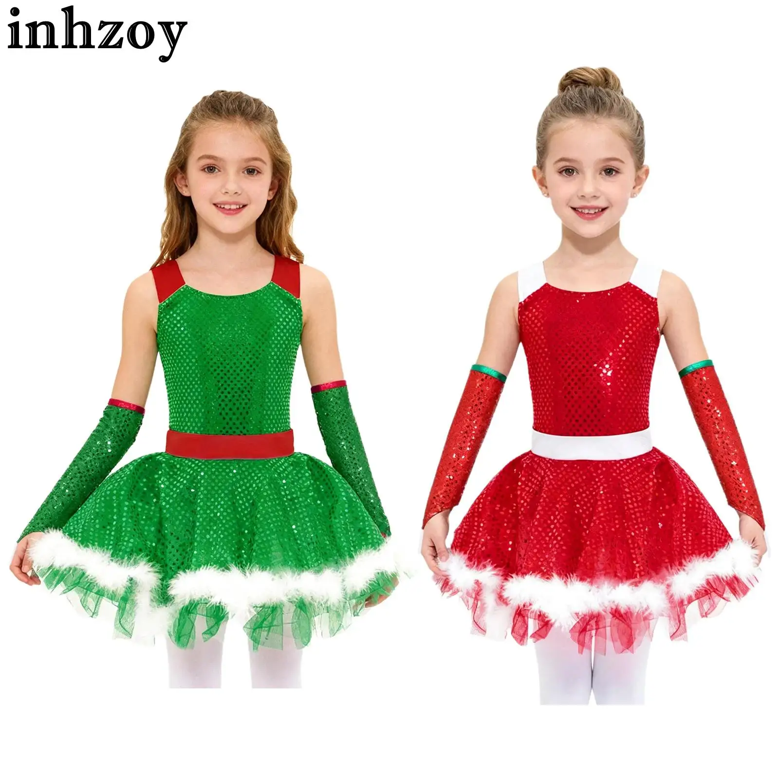 

Детский рождественский костюм Санта-Эльфа для девочек, блестящие блестки, фигурное катание, балет, латинские танцы, гимнастическое трико, платье для рождественской вечеринки