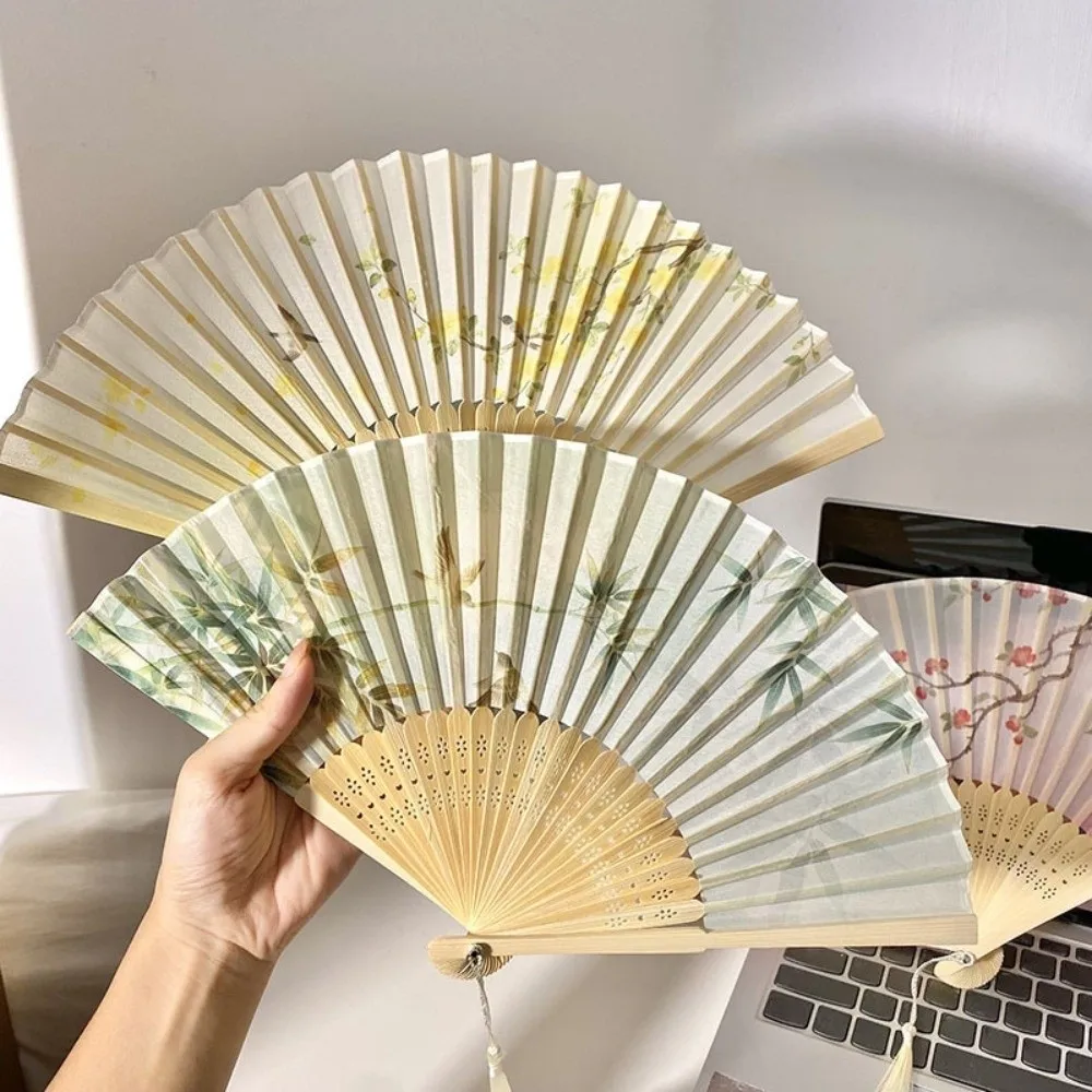 Vintage Chinese Style Tassel Folding Fan Butterfly Lotus Bamboo Fan Swallow Cherry Blossoms Handheld Fan Home Decoration