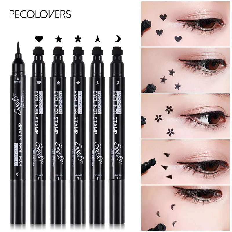1pcs Black Eyeliner Pen Waterproof Not Blooming Long-lasting Eye Pencil Double Head Moon Star Heart Flower Liquid Eyeliner Pen