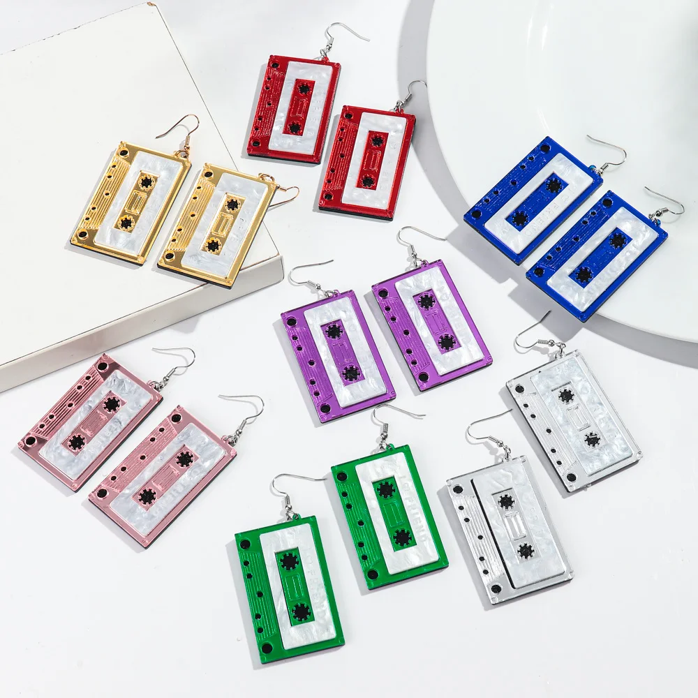 Colorful Mirror Big Cassette Tape Acrylic Earrings for Women Vintage Square Record Long Drop Earring Personalized Jewelry Gifts