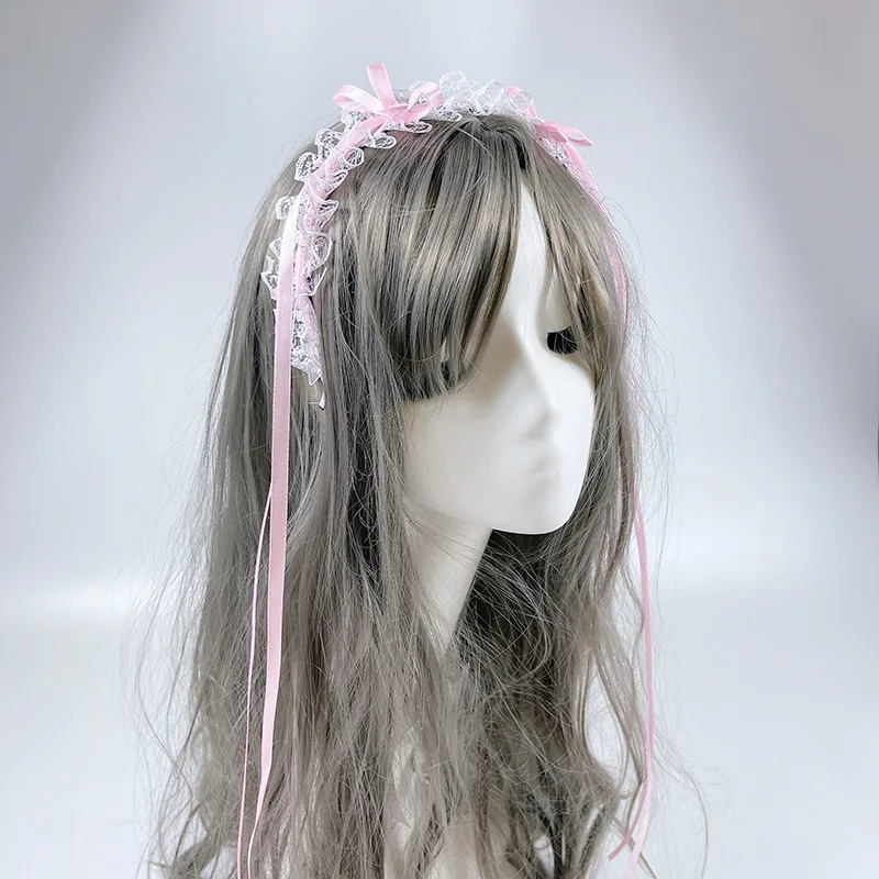 Accesorios para el cabello de Lolita, diademas de encaje de Lolita, diademas de cosplay de sirvienta, accesorios de anime, negro y rosa