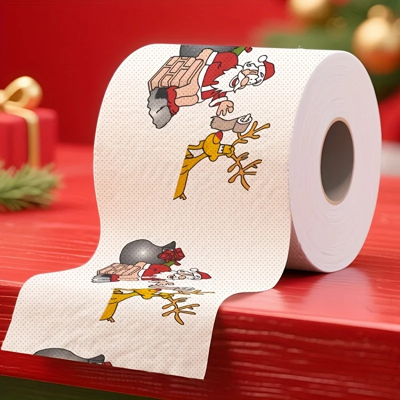 1 Roll Christmas Themed Toilet Paper Santa Reindeer Sleigh Print Dye‑Free Wood Pulp Festive Bathroom Tissue for Home Office RV Xmas Holiday Decoration Supplies
