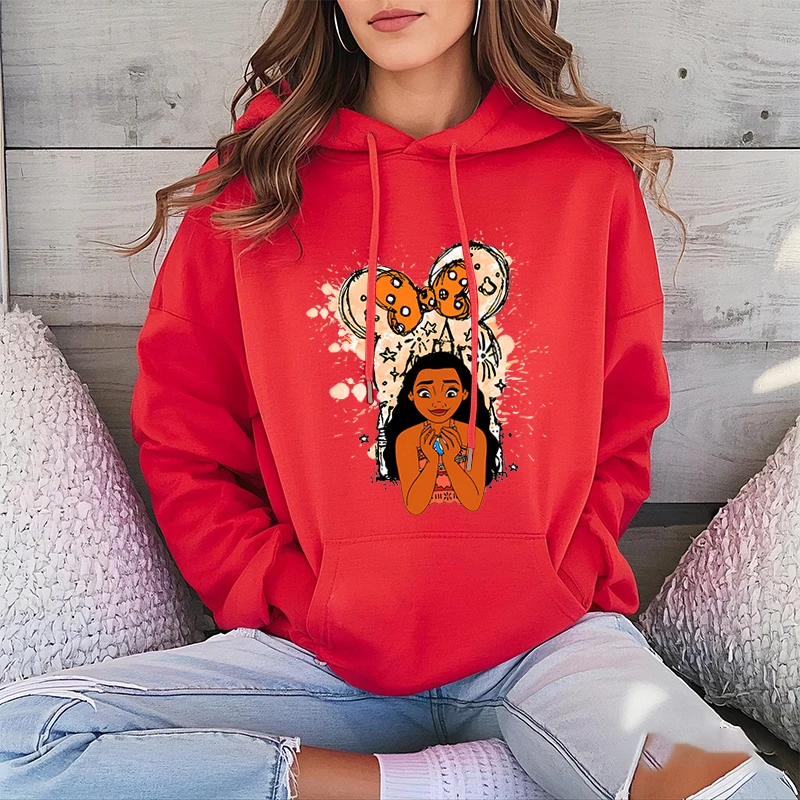 Disney Princesses Moana Minnie Bow Ears Printed Women's Hoodies Sports Sweatshirts Casual Tops Loose Clothing