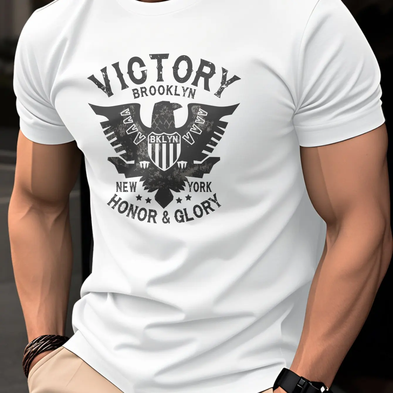 Men Red O-Neck T-Shirt Victory Brooklyn Eagle Print, Casual Short Sleeve Cotton Tee, New York Retro Streetwear Slim Fit Tops