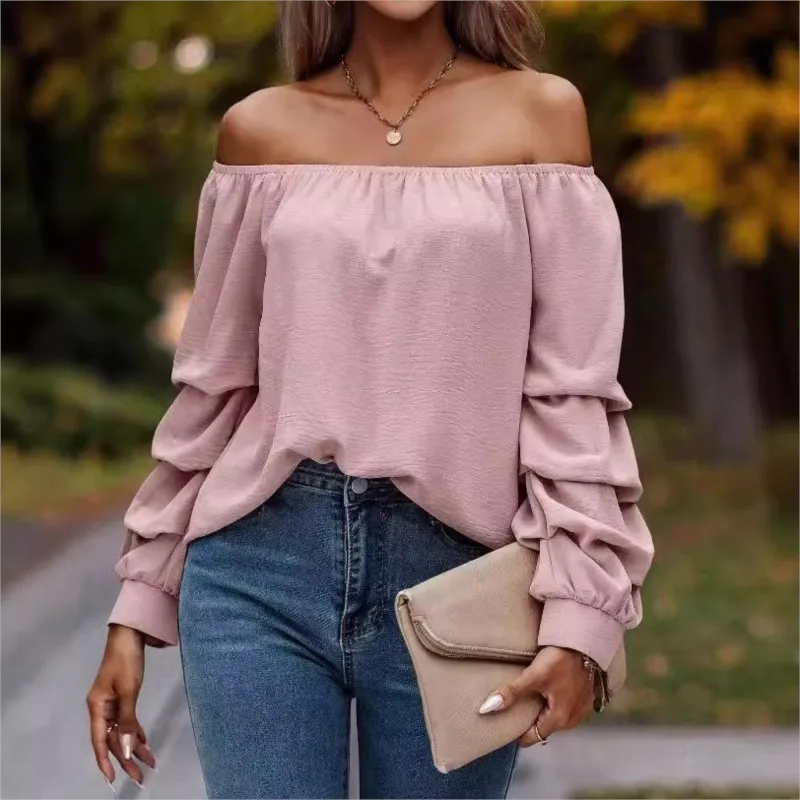  Women's Autumn/Winter New Fashion One Piece Collar Off Shoulder Nodular Sleeve Long Sleeve Shirt Hoodie Solid Color Loose Type