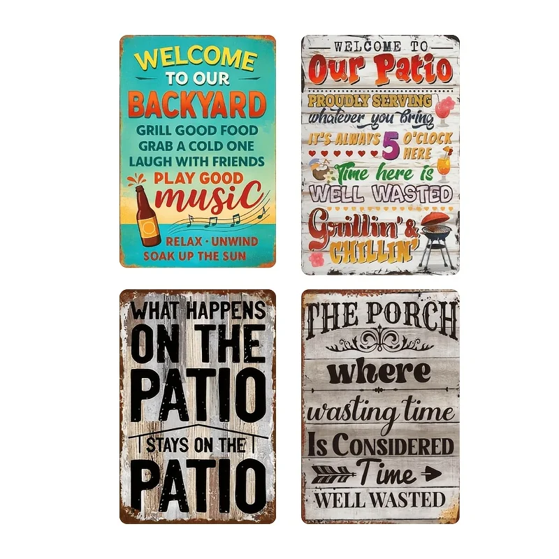 4pcs Funny Backyard Patio Vintage Metal Tin Signs, Welcome To Our Backyard Grill Good Food Rustic Tin Signs Outdoor And Porch