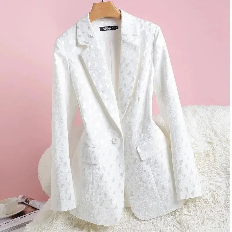 Spring Women White Leisure Suit Temperament Coat Advanced Feeling Long Sleeve Jacquard Blazer Ladies Black Suit Joker Slim Top