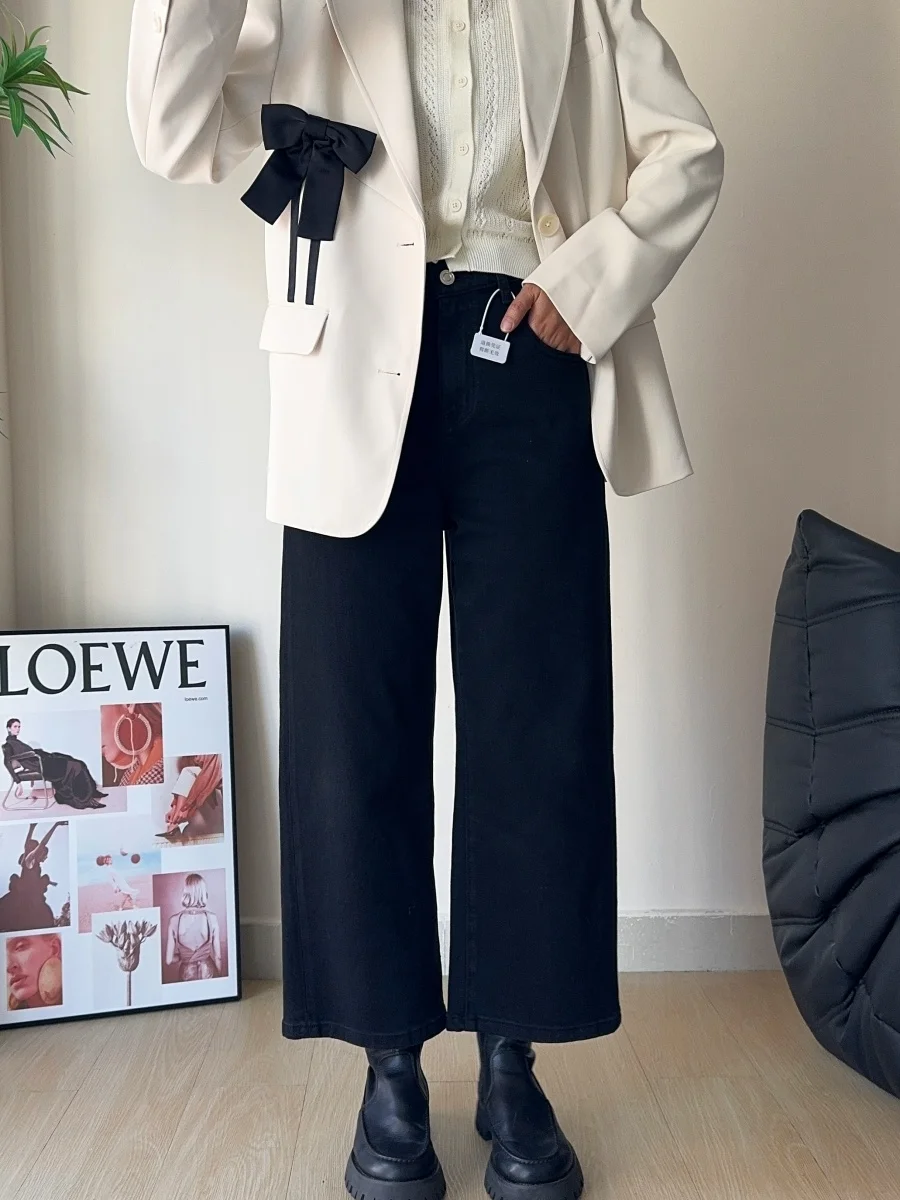 

High Waist Elastic Black Mom Jeans Women's Loose Fit Straight Leg Wide Leg Denim Pants Spring 2026 Cotton Stretch Denim