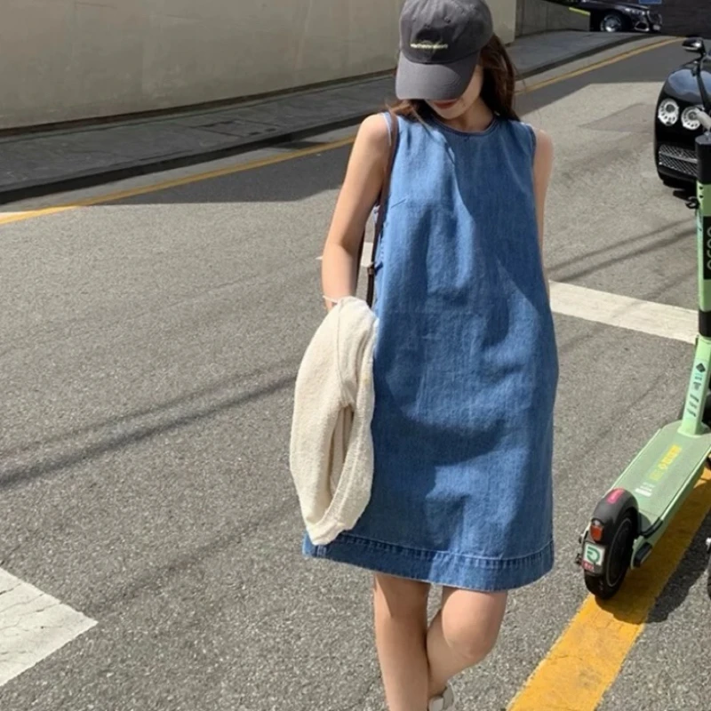 Denim Women's Dresses for 2026 Summer Loose O-Neck Simple Lady Vestidos Sleeveless Jeans Female Robe Clothing KE805 - view 5