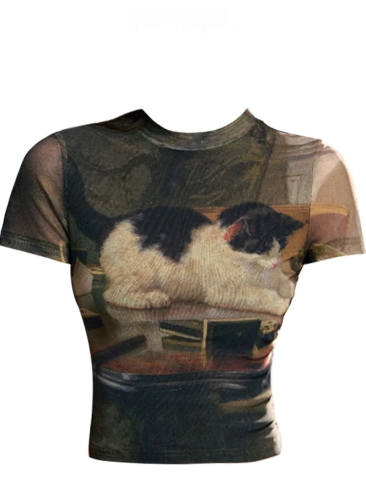 

Retro Spicy Girl Print Elastic oulder T-irt Women's Summer f High Collar Slim Fit ort Sle Unique Top