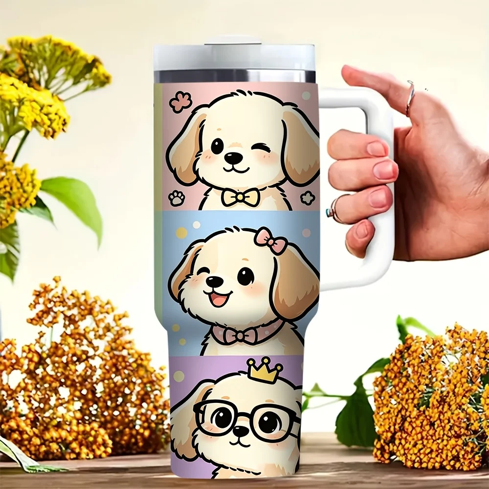 Cute Cartoon Puppy Printed 40oz Tumbler with Handle, Suitable for Dog Lovers of All Ages, Fits Both Hot and Cold Drinks, Great for Daily Use, Outdoor Activities, Travel and Camping Trips.