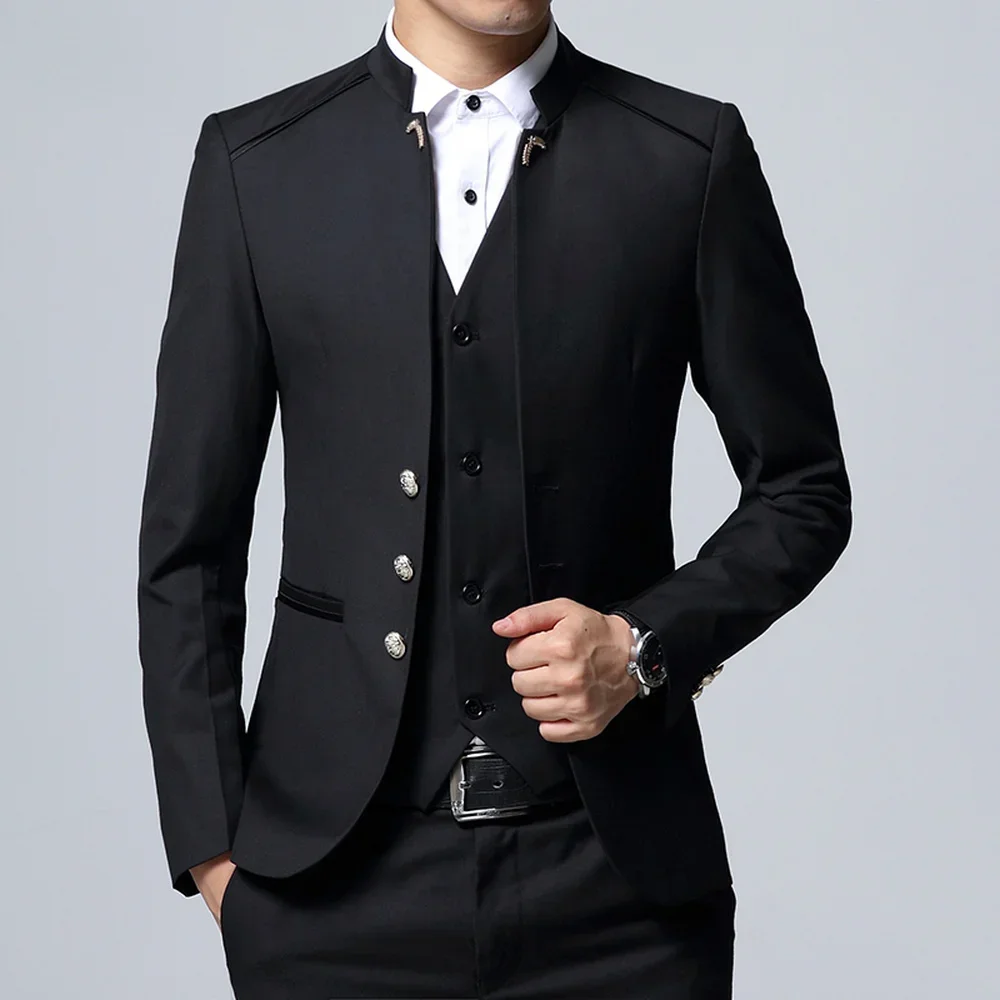 

Men's Suit 3 Piece Set Slim Fit Jacket Pants Vest Wedding Banquet Male Stand Collar Solid Color Business Casual Blazer Coat