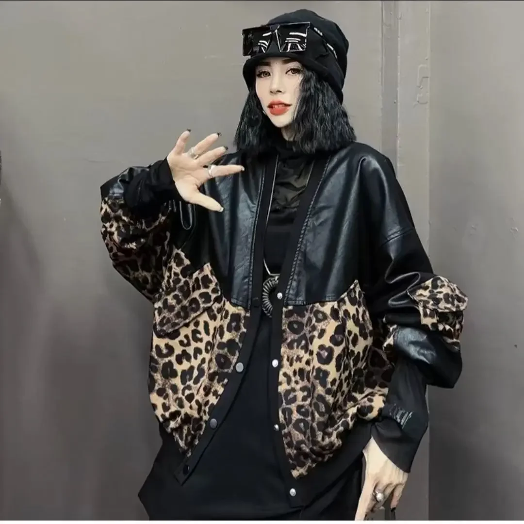 Autumn Leopard Print Stitching Leather Jacket Women Warm Cardigan PU Leather Coat Long Sleeve Loose Tops Outwear Female E2892