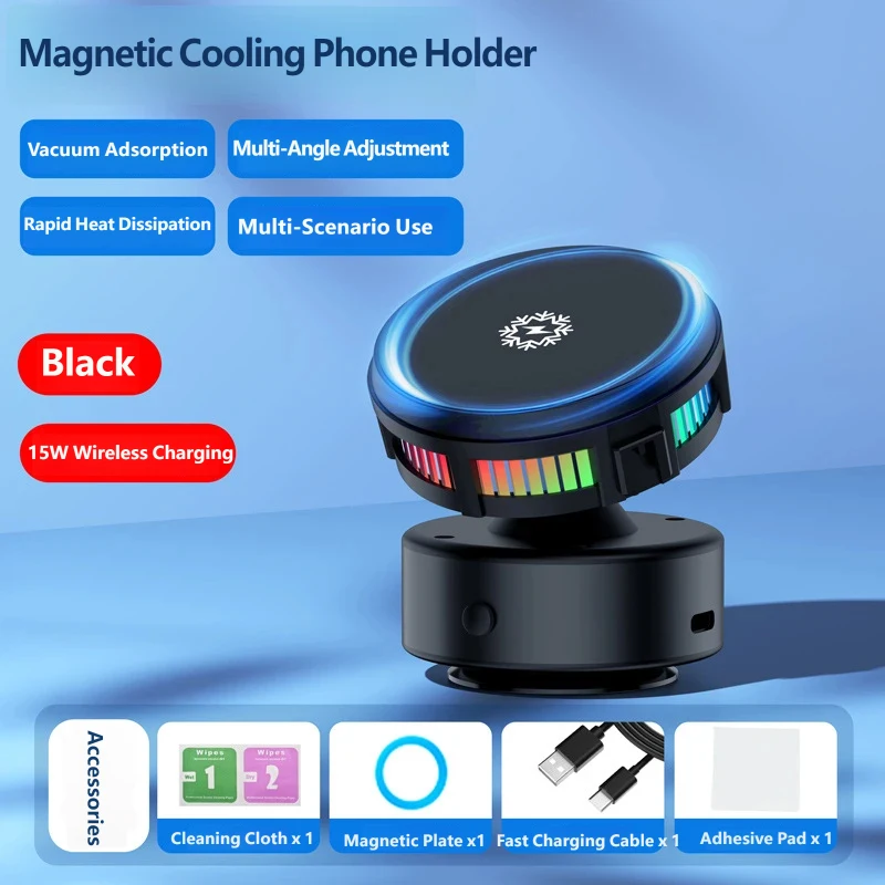 Cooling Wireless Car Charger Mount, 15W Fast Charging Vacuum Suction Magnetic Phone Holder Stand with 360° Rotation for Car