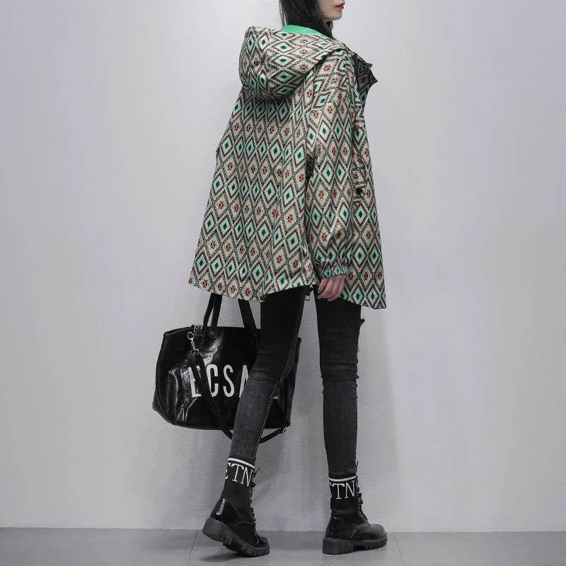 Plaid Color Contrast Windbreaker Women's Mid-length 2023 Autumn New Korean Version of the Hooded Temperament Casual Loose Coat X