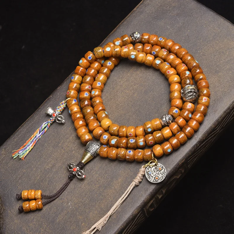 Camel bone multi-gem inlaid barrel 108-piece Buddhist prayer beads with agate and white crystal accessories