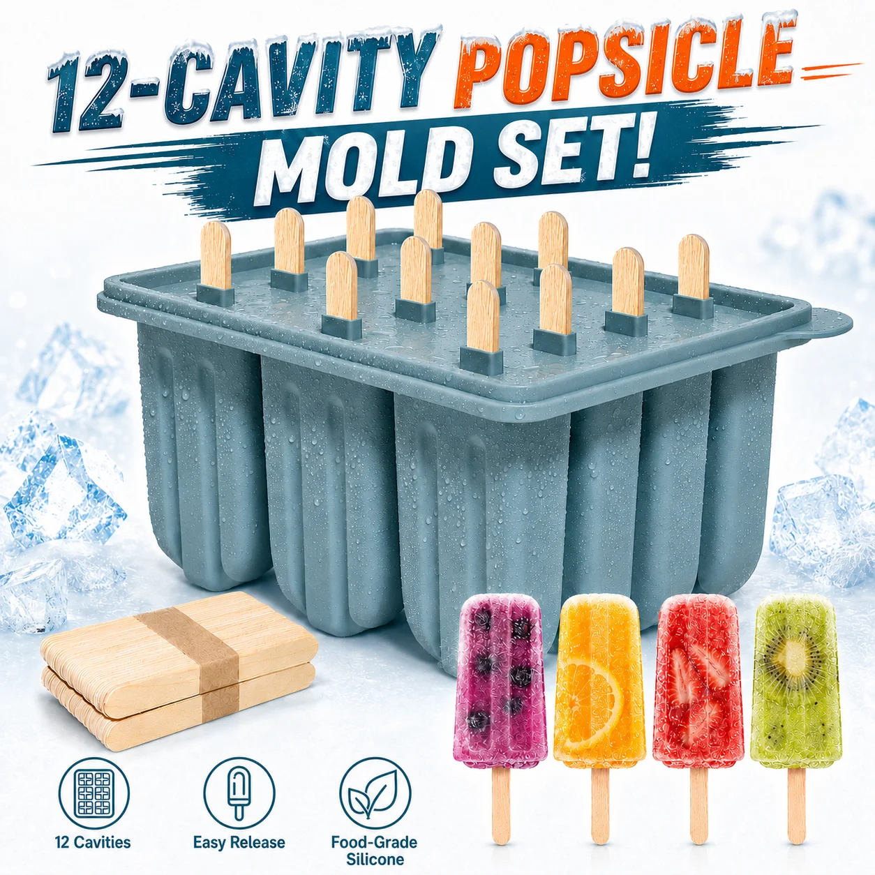 12-Cavity Silicone Popsicles Molds Set with 50 Sticks Homemade Maker Ice Pop Mold Food Grade Cakesicles Mold for Ice Cream