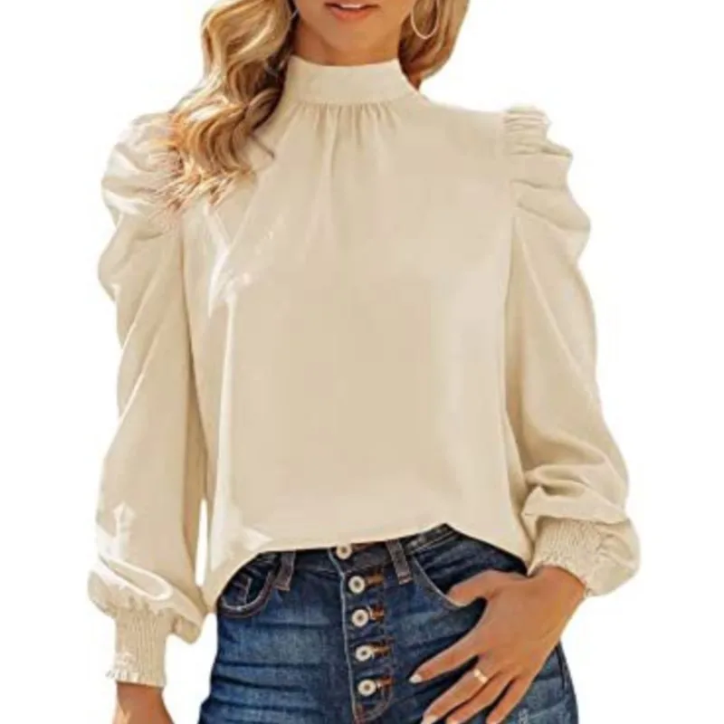 Women fashionable solid color long sleeved high necked bubble long sleeved casual loose T-shirt top high necked back tied shirt