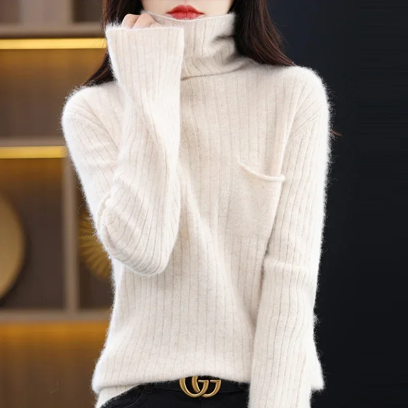 WinvyNee Women Clothing Mink Cashmere Sweater Turtleneck Solid Slim Tops with Pocket Outerwears Knit Oversized Pullover A1248015