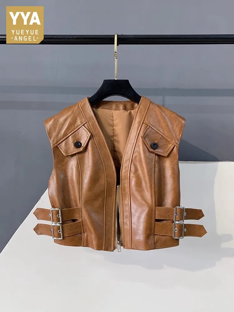 

Females Fashion Autumn New Style Real Sheepskin Vest V-Neck Short Sleeveless Tank Top Zippers Genuine Leather Waistcoat Hot Sale