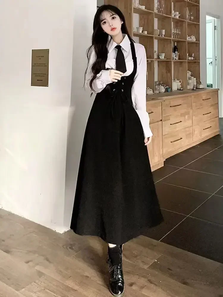 2023 Autumn Preppy Style 2 Piece Dress Set Women Casual Simple Shirt + Elegant Sleeveless Strap Dress Korean Fashion Dress Suit