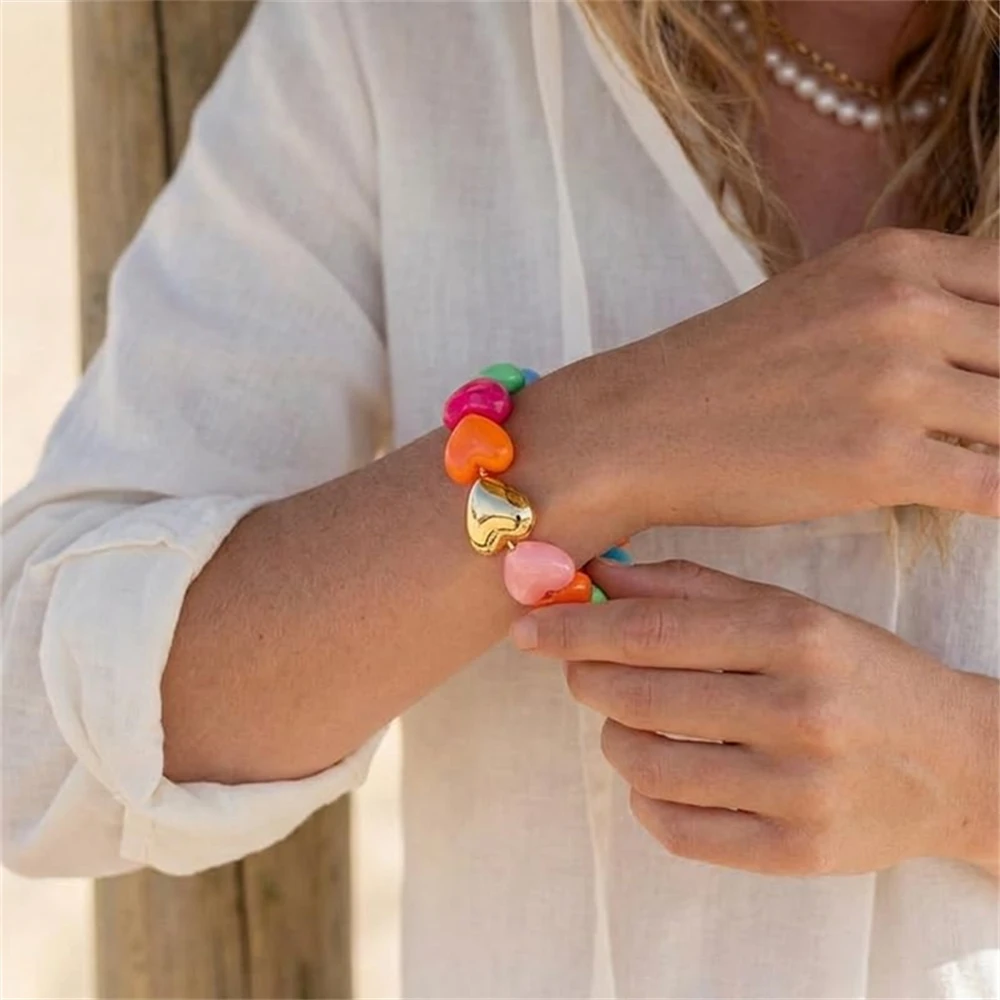 Chunky Colorful Resin Beads Heart Bracelets for Women Boho Charm Jewelry Bangle Bracelets Summer Beach Gift