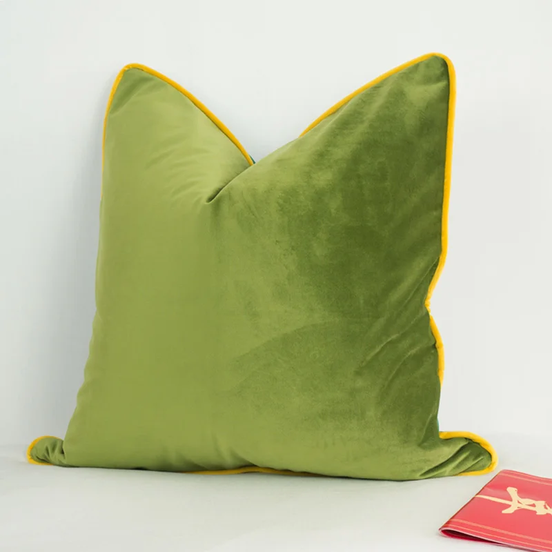 3 Colors Velvet Cushion Cover Luxury Green Grass Green With Bright Yellow Piping Pillow Case Soft No Balling-up Without Stuffing