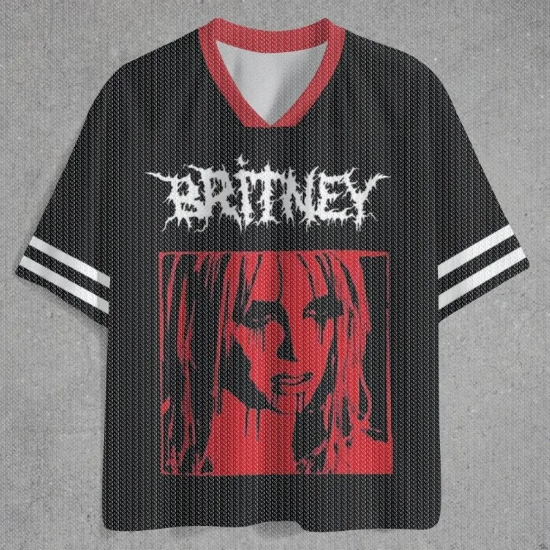 V Neck Black Red Mesh Jersey T Shirt Front Back Girl Portrait Print Casual Streetwear Hip Hop Top