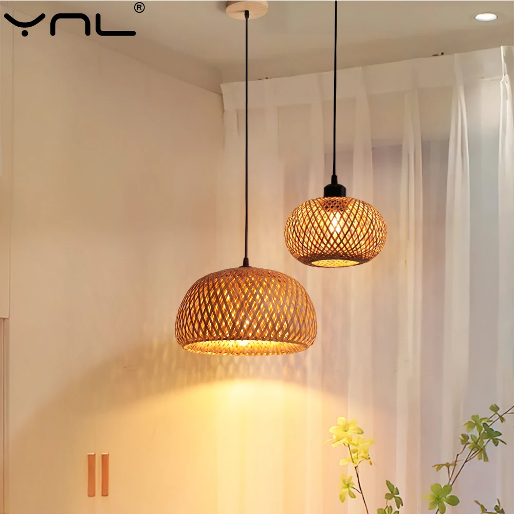 

Bamboo Pendant Lamp Rattan Light Hand Woven E27 LED Chandelier Restaurant Living Room Decora Chinese Style Weaving Hanging Lamps