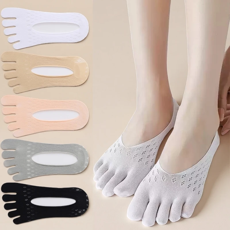 Women's Toe Socks, No Show Invisible Socks, Silicone Non-Slip Ladies Boat Socks, Low Cut, Breathable, Sweat Absorbing, Summer Thin