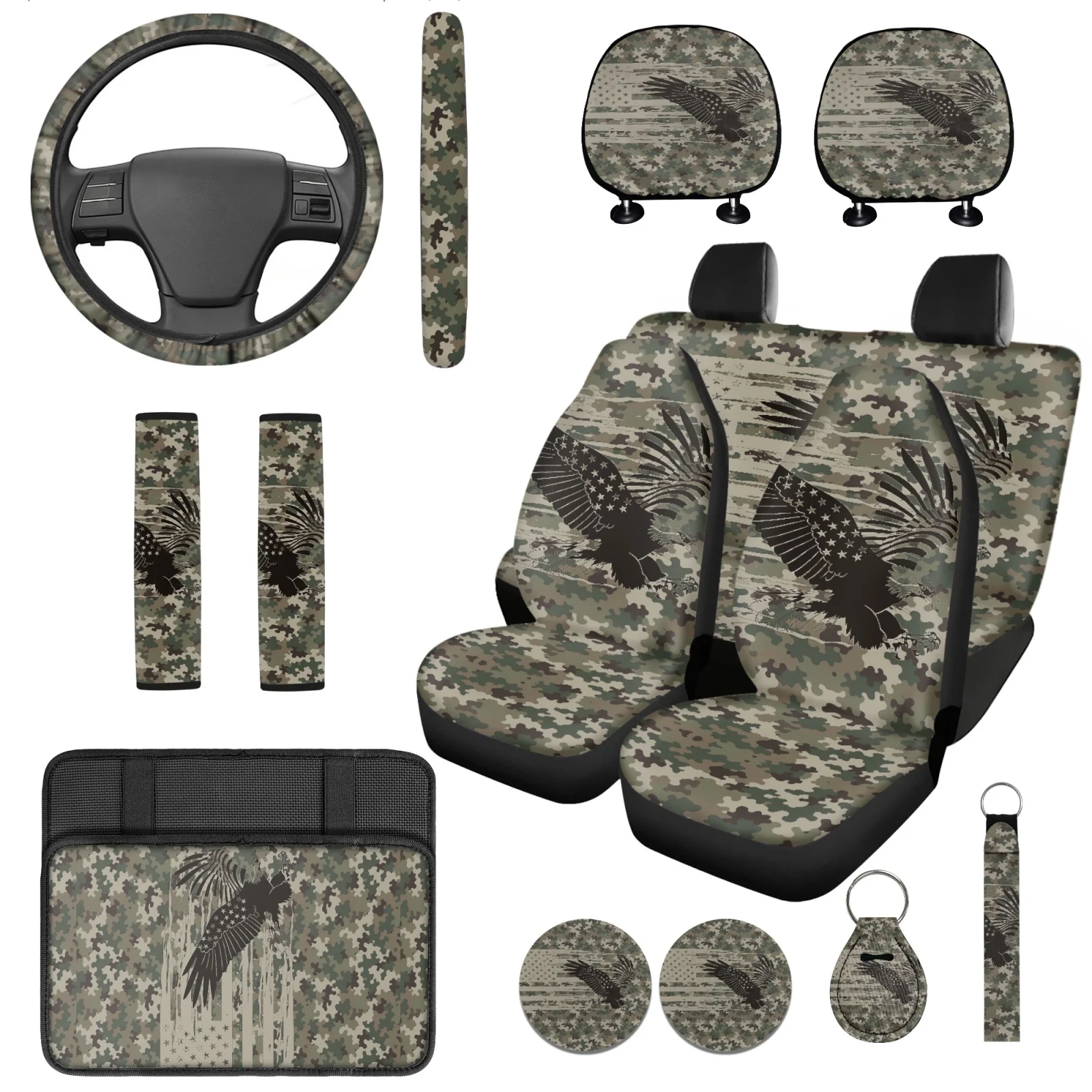 Coloranimal Camouflage Eagle Flag Set of 14 Car Seat Covers Set with Full Set Steering Wheel Cover and Auto Coaster