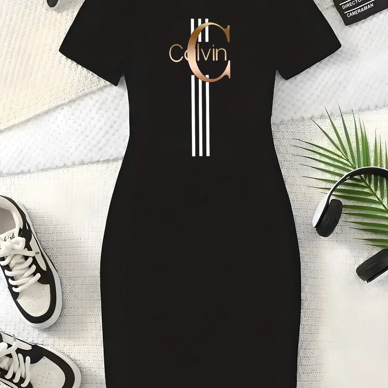 Letnia moda damska Calvin wzór nadruk casual seksowny dopasowany obcisły krótki rękaw okrągły dekolt T-shirt mini spódniczka