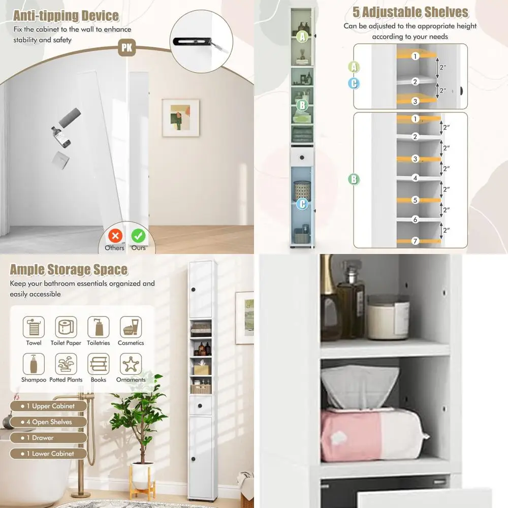 

Тонкий высокий шкаф для хранения в ванную комнату, 1 ящик, 2 дверцы, 5 полок, защита от опрокидывания, деревянный, для небольших помещений