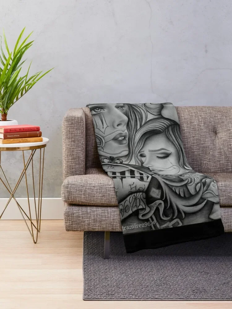 Sad eyes chola clown , Chicano art , black and grey art Throw Blanket Plaid on the sofa sofa bed Blankets