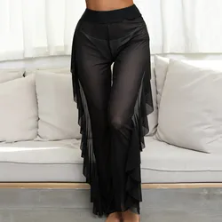 Women Beach Pants See Through Sheer Mesh Ruffle Beach Cover Up Pants Solid Beachwear Women Swimwear Swimsuit Cover Up Trousers