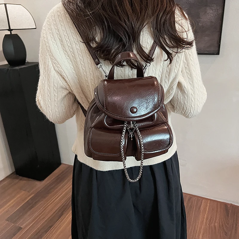 LEFTSIDE Women Retro Small Double Pockets PU Leather Backpacks 2024 Winter Y2K Korean Fashion Backpack Lady Travel Back Packs