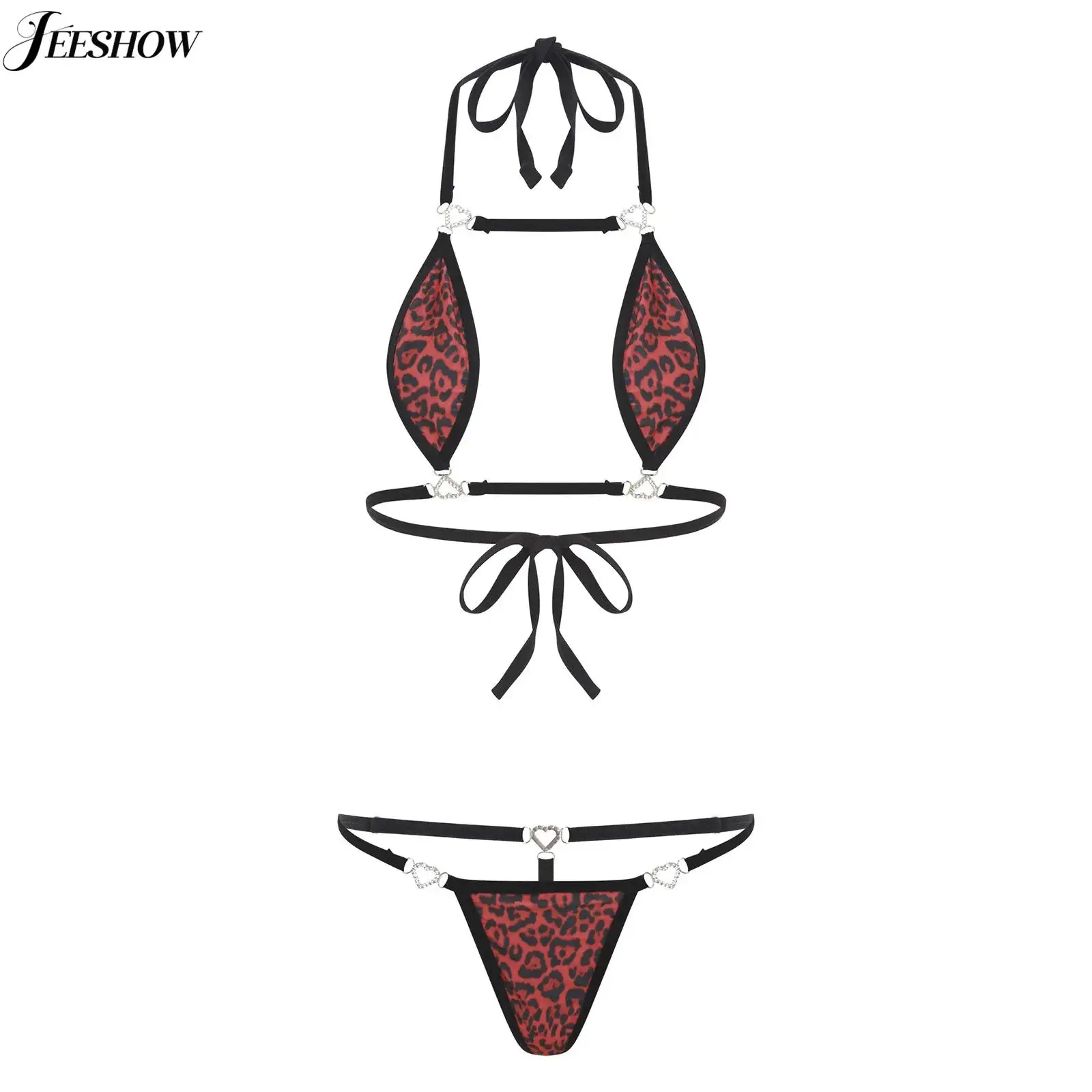 

Womens Sexy Micro Bikini Lingerie Set Lace-up Halter Neck Mini Bra with Low Rise T-back Thongs 2 Piece Lingerie Outfit Nightwear