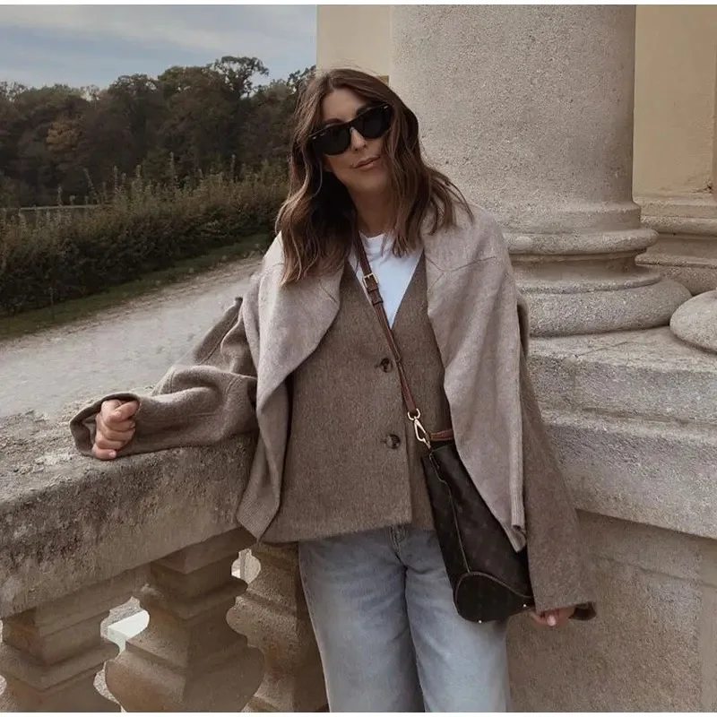 Elegant Women's Jacket Loose Double-breasted Long-sleeved Pocket Women's Jacket Jacket