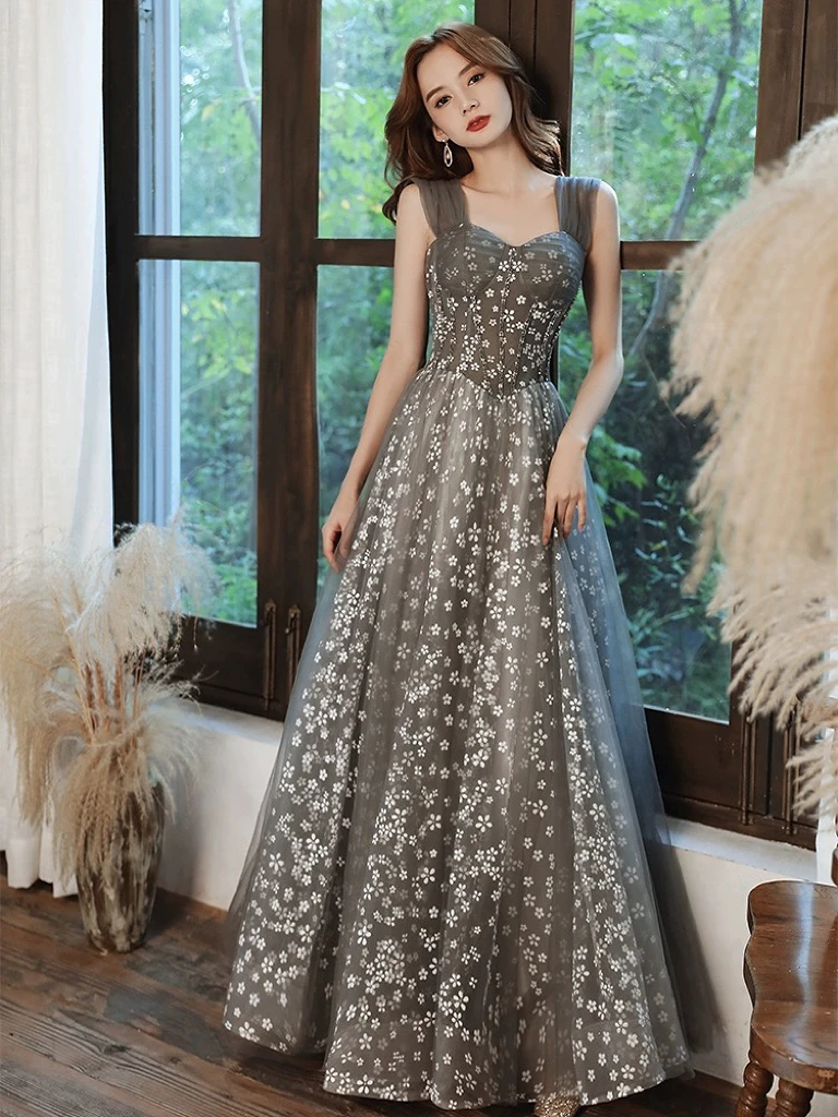 

Flower Bridesmaid Dresses Green Gray Square Collar A-line Beading Tulle Quinceanera Graduation Formal Party Evening Gowns