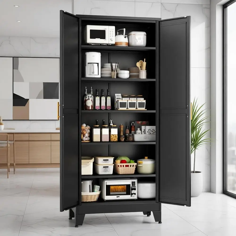 

75.2 High Metal Utility Cabinet with 2 Doors & 5 Adjustable Shelves for Kitchen, Dining, and Laundry Rooms