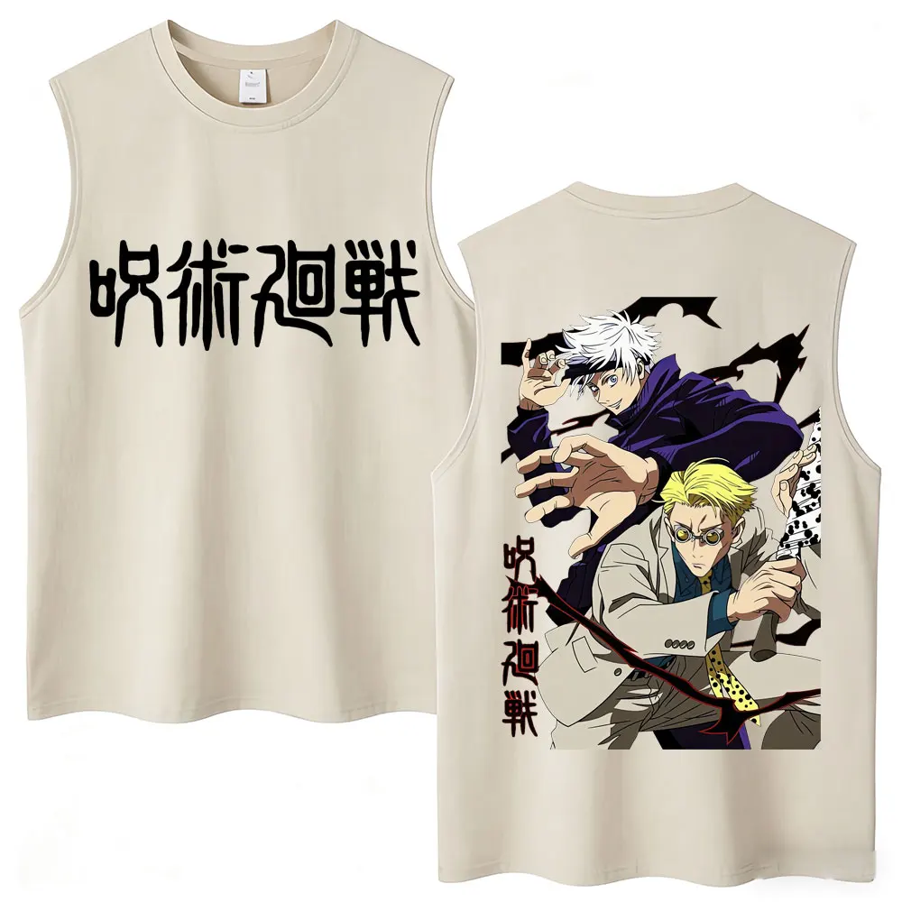 Washed Anime Jujutsu Kaisen Tank Tops Gojo Satoru and Nanami Kento Harajuku Sleeveless Vests Oversized Men Women Cotton T-shirt