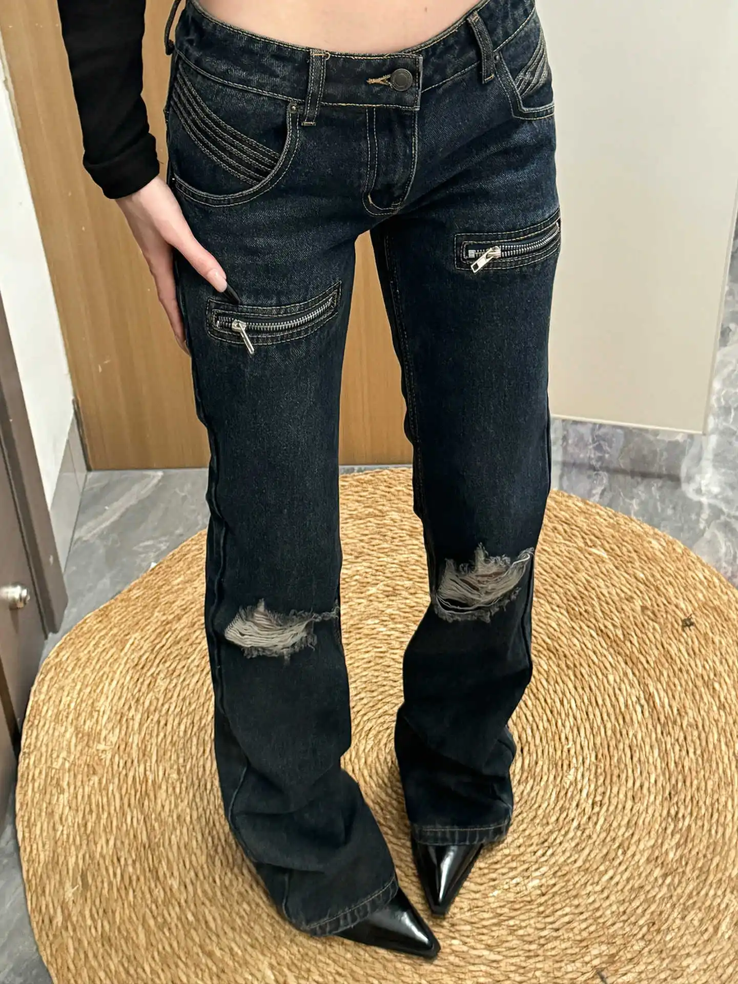 Women's Low Rise Jeans Hole Punk Designer Denim Pants Japanese Abi Y2k Gyaru Cowboy American Retro Skinny Jeans High Quality New