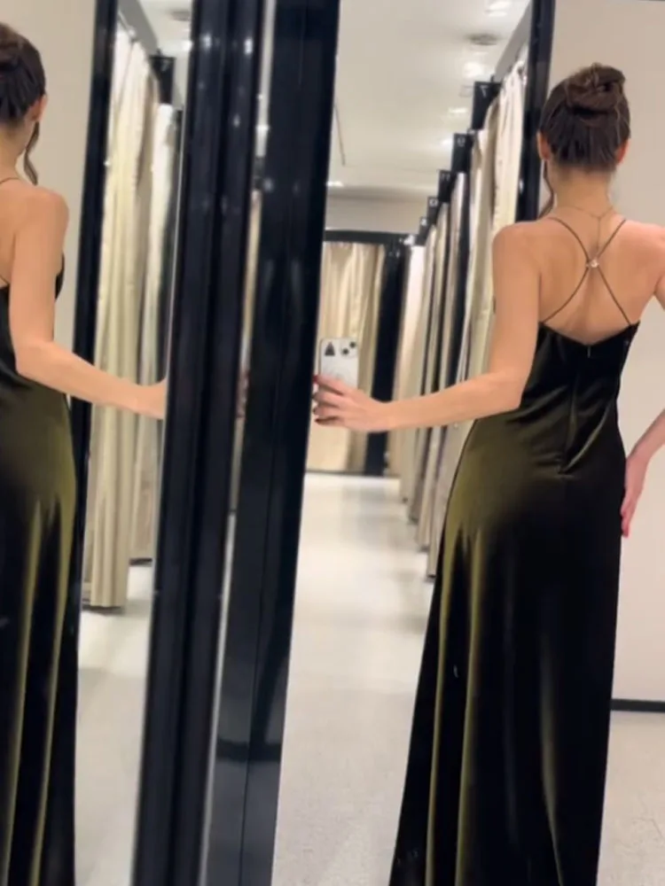 HH-vestido largo de terciopelo con tirantes para mujer, novedad de verano 2026, moda con cuello en V, Sexy, versátil, elegante, sin espalda, hasta el tobillo