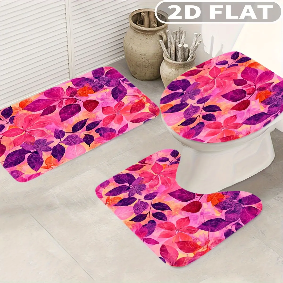

3pcs Bathroom Rug Set Pink Purple Floral Pattern Print Design Non-Slip Includes Bath Rug Contour Mat and Toilet Lid Cover Mat