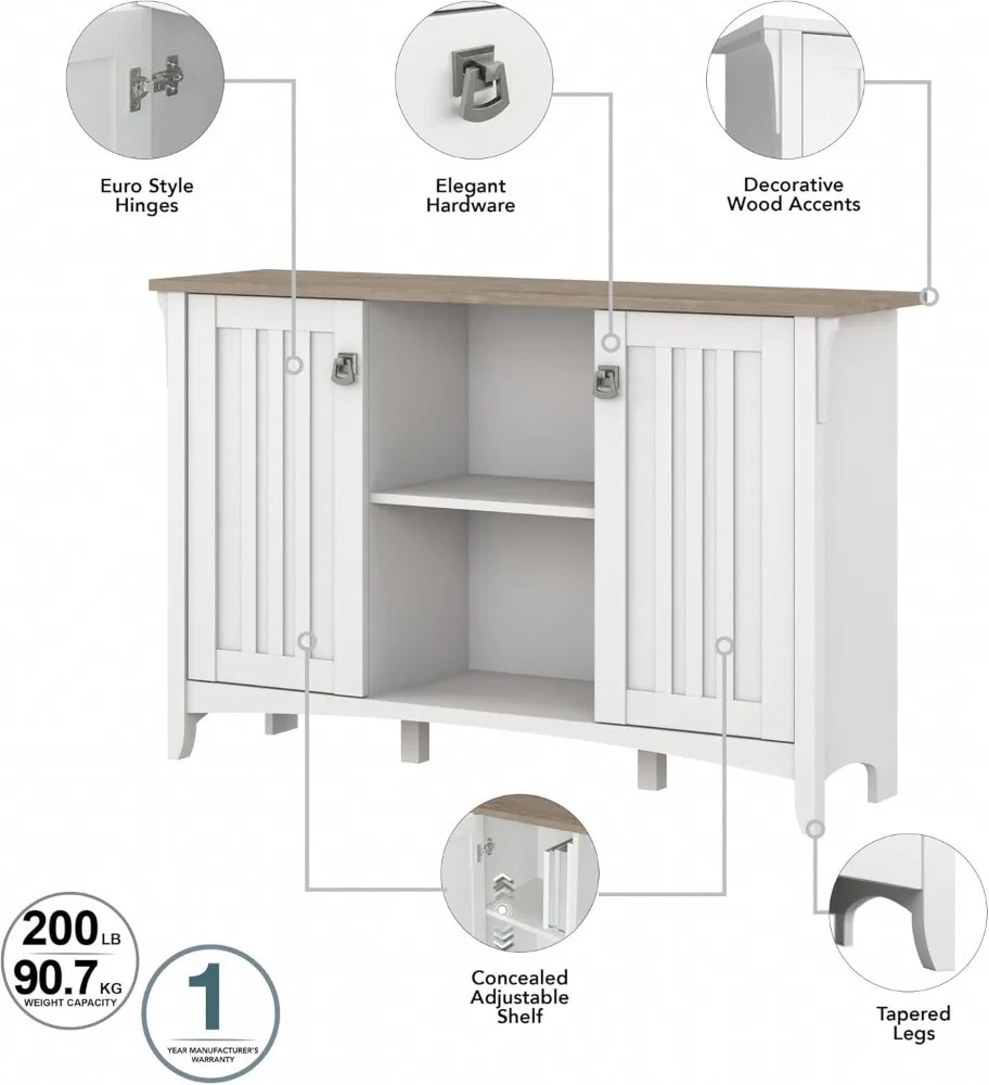 Arbusto Armário De Armazenamento Com Portas, Salinas Accent Armário De Armazenamento, Pure White e Console, Cinza